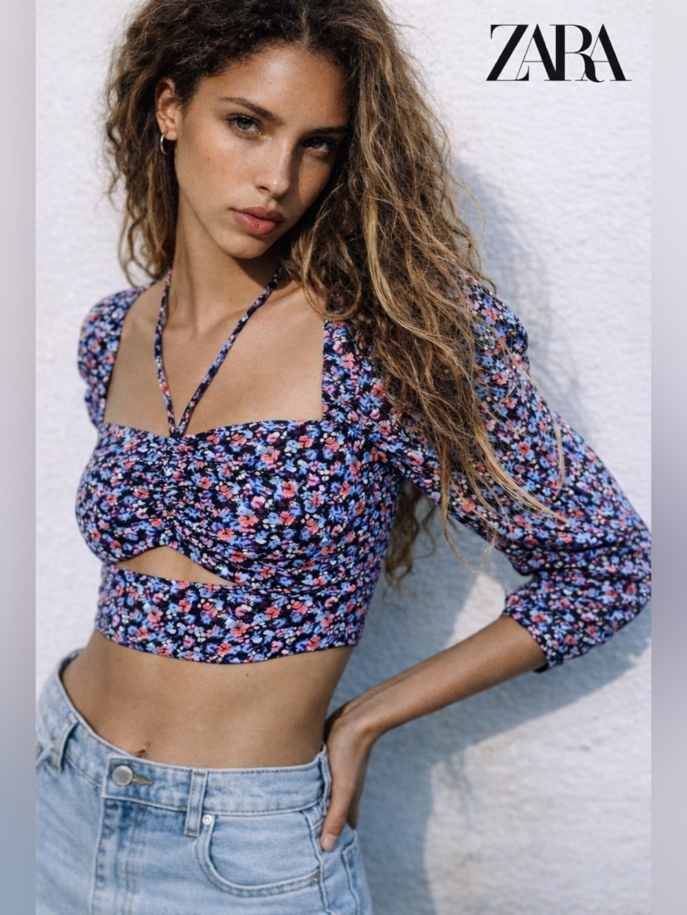 Zara NWT Floral Smocked Cut Out Crop Top Medium